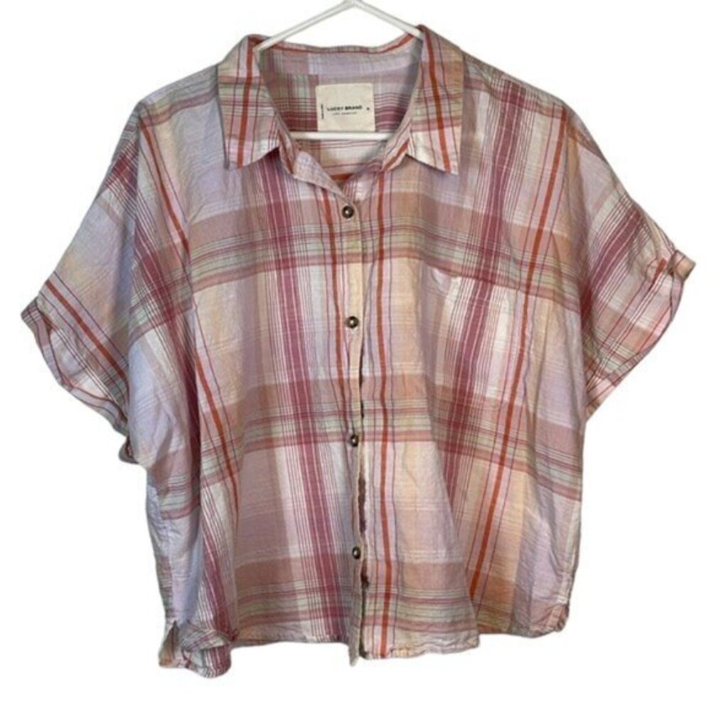 Lucky Brand 2022 Lucky You Pink Orange Plaid S/S Shirt Button Blouse XL #0902-AZ